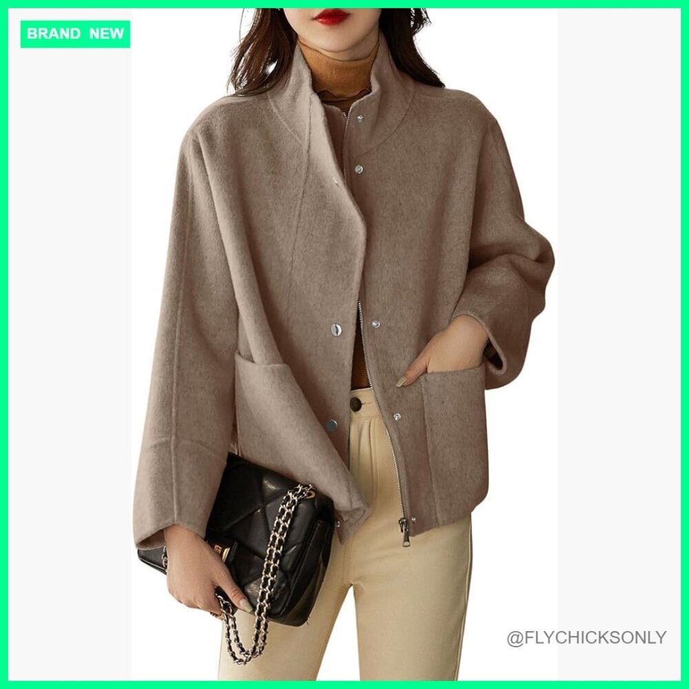 Wool Blend Pea Coat with Stand Collar and Pockets